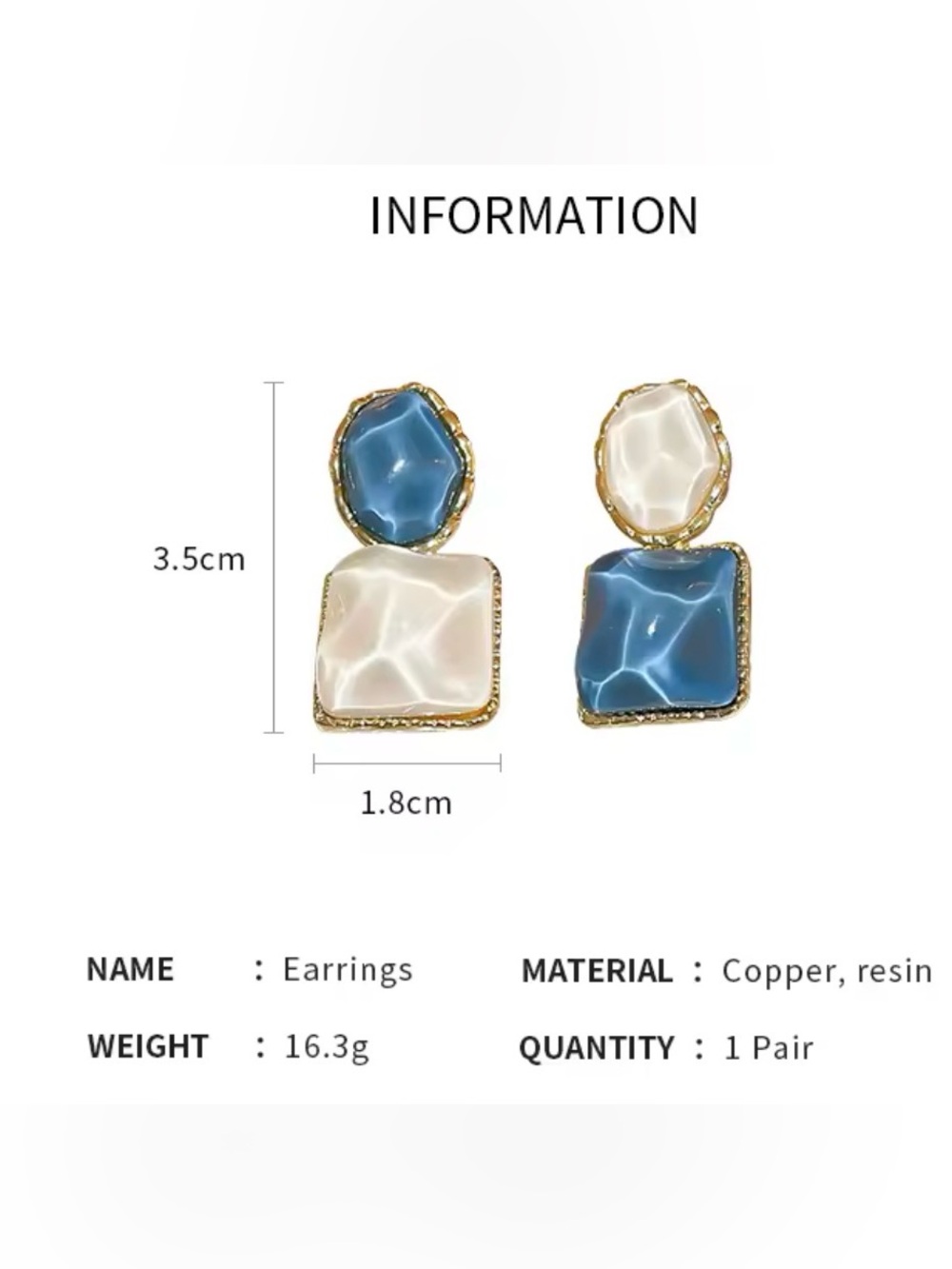 Blue White Resin Statement Earrings Coastal Style - Picture 4 of 5